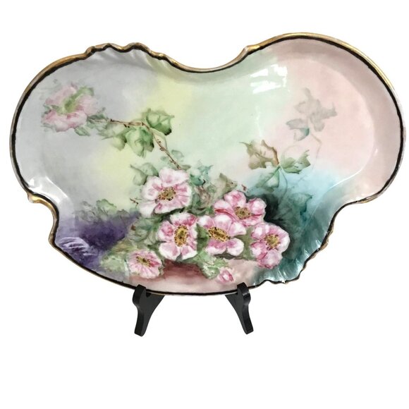 Antique LIMOGES France Vanity Tray Hand Painted Floral Pastel Porcelain Gold